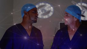 Animation of data processing over diverse male surgeons talking. global medicine, connections and digital interface concept digitally generated video.