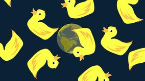 Animation of duck icons and snow falling over globe on black background. global business, computing and digital interface concept digitally generated video.
