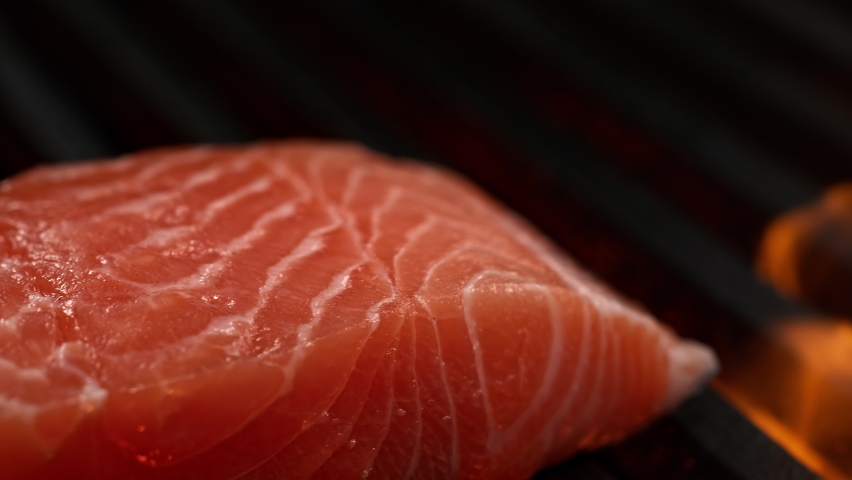 Salmon Fillet Seasoned with Spice Mix in Slow Motion - Macro Dolly Shot of Barbecued Fish and Fire Royalty-Free Stock Footage #1091242295