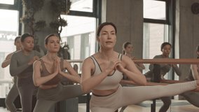 Medium slowmo of young sportive women doing squats with one leg on gymnastic barre indoors - Powered by Shutterstock - Get 15% off with code: PIKWIZARD15