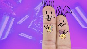 Animation of easter bunnies holding eggs drawn on two fingers over abstract pink and purple. Easter seasonal celebration and tradition concept digitally generated video. - Powered by Shutterstock - Get 15% off with code: PIKWIZARD15