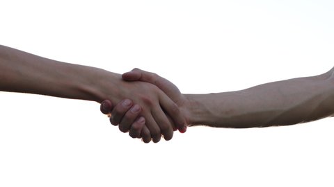 Handshake, shaking hands, handshaking. Two handed gesture. Isolated on white background. Two Friendly Partners. Concept of Connection Colleagues People. Friends Man Agree of Opportunity Startup