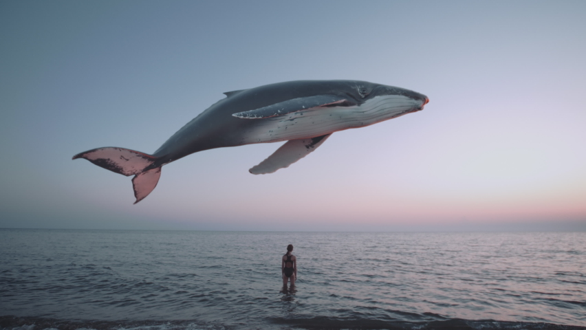 Girl watches humpback whale flying above the sea. Mystical, fantasy, dream scene, a spirit animal or creative illustration for ecology and extinction topics. Cinematic quality looping animation. | Shutterstock HD Video #1091253729