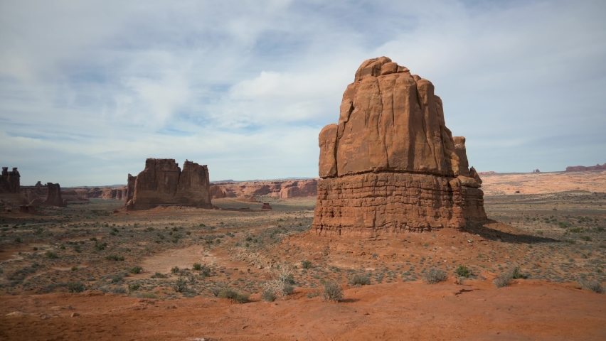 La Sal Mountain viewpoint overlooking Courthouse Towers and Park Avenue at Arches National Park, static