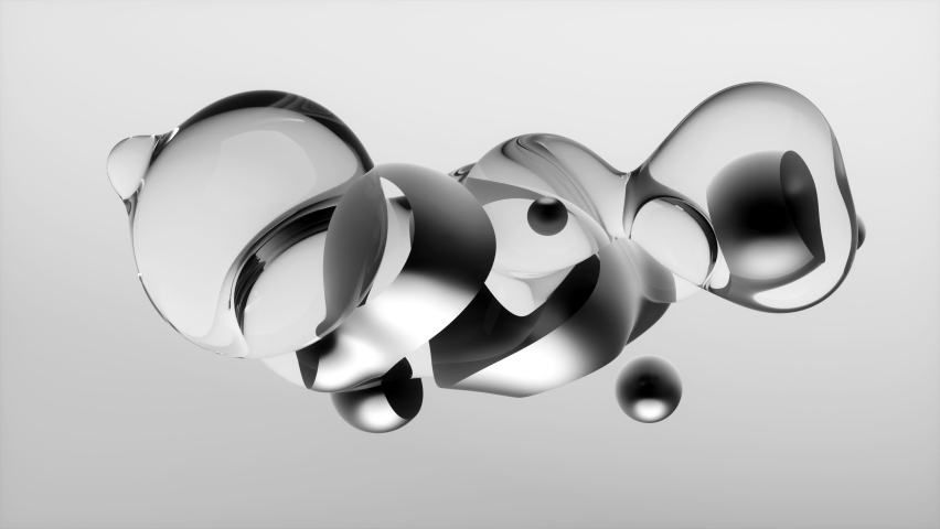 3d render of monochrome black and white abstract art surreal object based on meta balls spheres in glass water liquid and silver metal material in transition deformation process on grey background | Shutterstock HD Video #1091259705