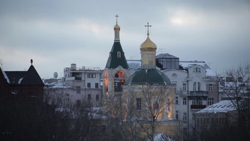 MOSCOW, RUSSIA – FEBRUARY 13, 2015 : Temple of Elijah the Prophet in Obydensky Lane. Winter. Evening. Moscow