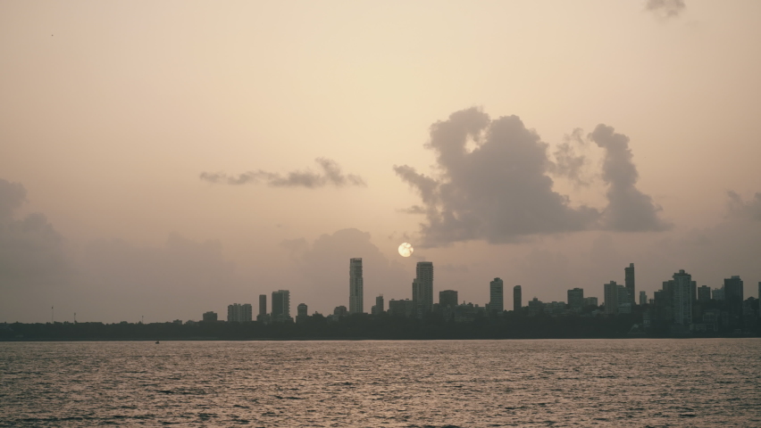 Time lapse. Sunset at Mumbai skyline, India