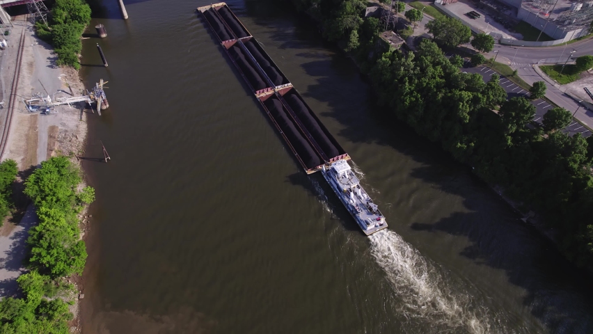 Aerial Shot of Barge Moving down Cumberland River - Nashville, TN 
