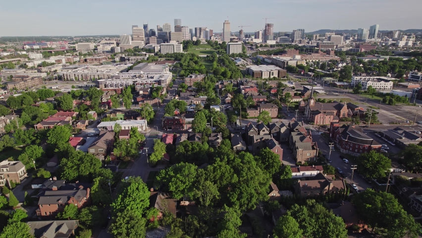 Drone Shot of Germantown with Cityscape in Background - Nashville, TN