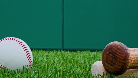 A low angle slider shot past a brown leather baseball glove and couple wooden bats on the turf stopping at a new baseball, with a green padded wall in the background.  