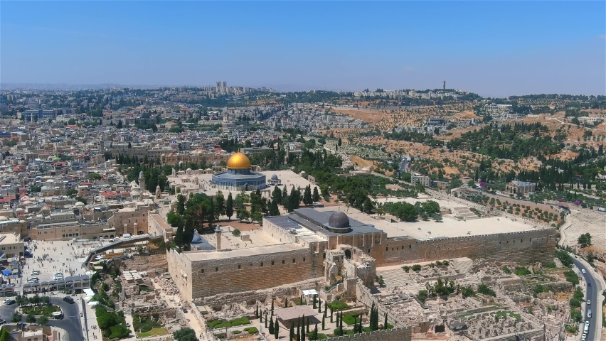 Jerusalem Dome of the rock and Western wall (kotel), aerial
Drone view from Jerusalem Old city Al Aqsa Mosque and Jewish Kotel, June, 2022
 | Shutterstock HD Video #1091265415