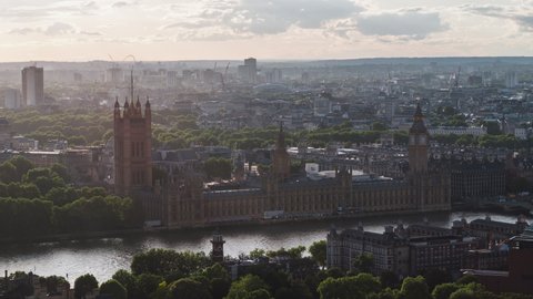 Establishing Aerial View Shot of London UK, United Kingdom, Palace of Westminster, Parliament, close view, day sunny, very nice weather