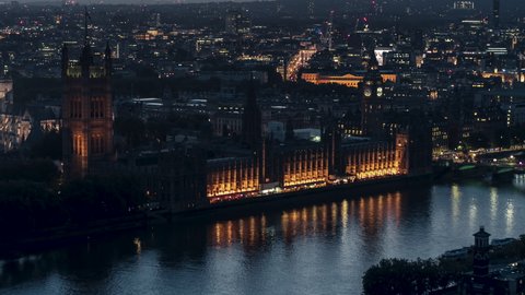 Exeptional view at nigh evening Aerial View Shot of London UK, United Kingdom, Palace of Westminster, Parliament, close view, slow circling