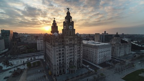 Liverpool, Great Britain - circa 2022 - Establishing Aerial View Shot of Liverpool UK, Merseyside, England United Kingdom, close view of Royal Liver Building, incredible soft rise