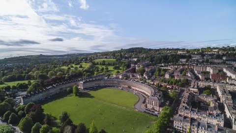 Royal Crescent, wide view, Establishing Aerial View Shot of Bath UK, Somerset, England United Kingdom day