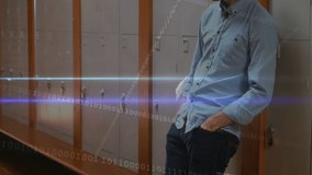 Animation of network of connections with icons over caucasian male student in school. school, education, learning and connections concept digitally generated video.