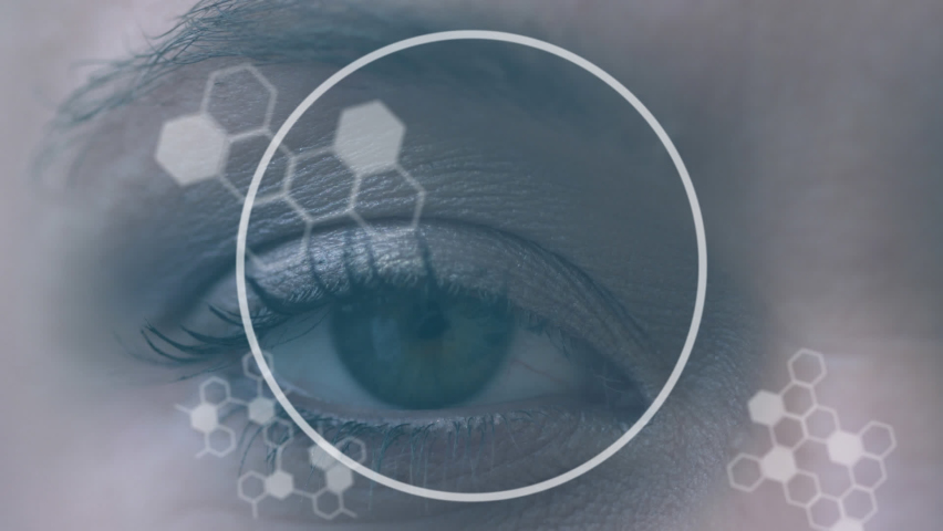 Animation of science data processing over caucasian female eye. global science, connections, data processing and digital interface concept digitally generated video.