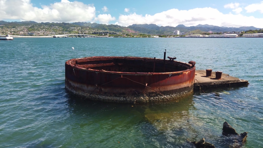 Static close-up shot of the decaying smoke stack of the sunken World War II battleship USS Arizona at Pearl Harbor, Hawaii. 4K at 60 FPS