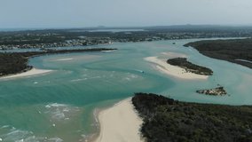 Aerial drone panoramic sideways view of Noosa Heads, Queensland in Australia