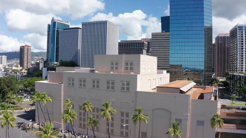 Aerial rising shot of downtown Honolulu on the island of O