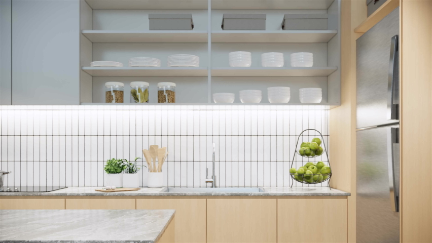 Mock up modern japandi style of kitchen room interior design and decoration with marple island built in counter and cabinet. 4K video 3d animation kitchen counter. Royalty-Free Stock Footage #1091278209