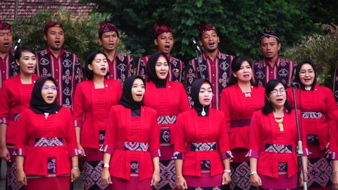 Blitar, East Java, Indonesia - June 1st, 2022 : The choir on celebration of grebeg pancasila. Grebeg Pancasila is held to celebrate Pancasila day