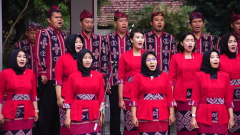 Blitar, East Java, Indonesia - June 1st, 2022 : The choir on celebration of grebeg pancasila. Grebeg Pancasila is held to celebrate Pancasila day