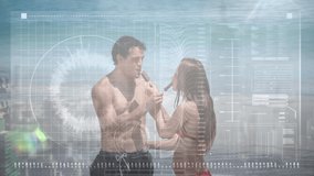 Animation of data processing over happy caucasian couple eating ice cream on beach. health, fitness and digital interface concept digitally generated video. - Powered by Shutterstock - Get 15% off with code: PIKWIZARD15