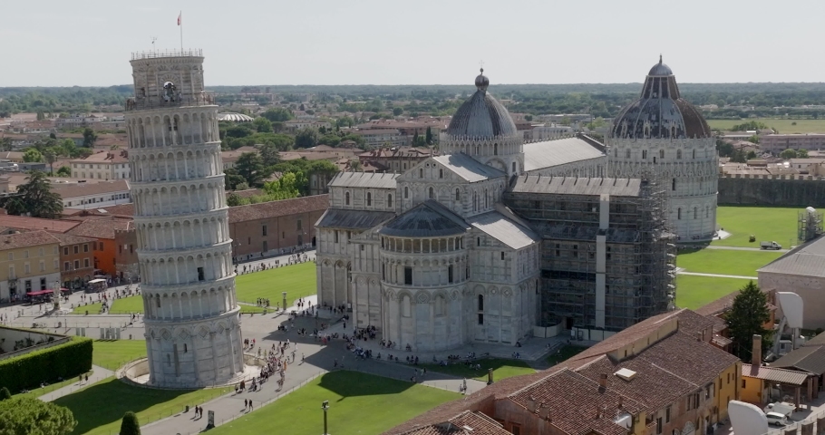 Pisa, Italy - June 2022: Aerial view at tower of Pisa in Italy on a sunny day