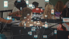 Animation of network of connections over diverse schoolchildren learning in classroom. global education, connections and digital interface concept digitally generated video.
