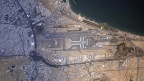 Airport map aerial satellite view from sky, sunrise animation of Muscat city airport, Oman. Based on image furnished by Nasa - Powered by Shutterstock - Get 15% off with code: PIKWIZARD15