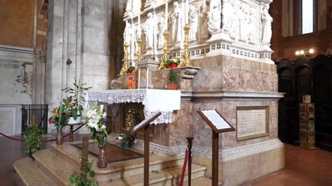 Pavia,LombardyItaly - February 15, 2022: the tomb of Saint Augustine is located in the basilica San Pietro in Ciel d'Oro in Pavia, Italy