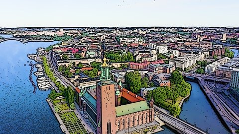 Color sketch in cartoon style. Stockholm, Sweden. Stockholm City Hall. Stockholms stadshus. Built in 1923, red brick town hall, Aerial View, Point of interest