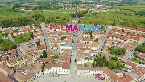 Inscription on video. Palmanova, Udine, Italy. An exemplary fortification project of its time was laid down in 1593. Lightning strikes the letters, Aerial View