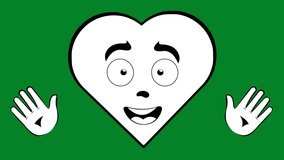 Looped animation of a cartoon heart character waving his hands, drawn in black and white. On a green chroma key background