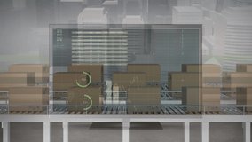 Animation of financial data processing over boxes on conveyor belts and cityscape. global shipping, delivery and connections concept digitally generated video. - Powered by Shutterstock - Get 15% off with code: PIKWIZARD15