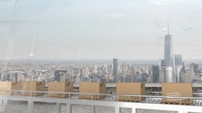 Animation of financial data processing over boxes on conveyor belts and cityscape. global shipping, delivery and connections concept digitally generated video. - Powered by Shutterstock - Get 15% off with code: PIKWIZARD15