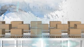 Animation of financial data processing over boxes on conveyor belts and cityscape. global shipping, delivery and connections concept digitally generated video. - Powered by Shutterstock - Get 15% off with code: PIKWIZARD15