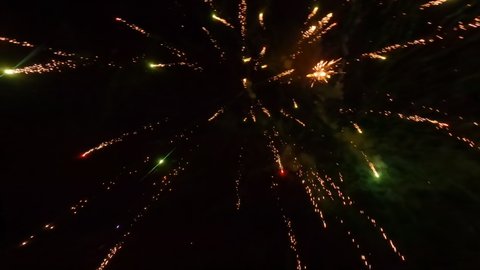 Стоковое видео: Aerial FPV Drone Shot of an Epic Breathtaking View of Multicolored Fireworks Display. Drone Spinning With 360-rotation