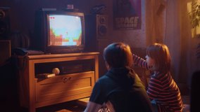 Nostalgic Childhood Concept: Young Boy and Girl Playing Old-School Arcade Video Game on a Retro TV Set at Home in a Room with Period-Correct Interior. Kids Pass the Level and Win. - Powered by Shutterstock - Get 15% off with code: PIKWIZARD15