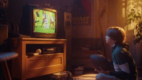 Young Sports Fan Watches American Football Match on Retro TV in His Room with Dated Interior. Boy Supporting His Favorite Team, Feeling Proud When Players Score a Goal. Nostalgic Childhood Concept. - Powered by Shutterstock - Get 15% off with code: PIKWIZARD15