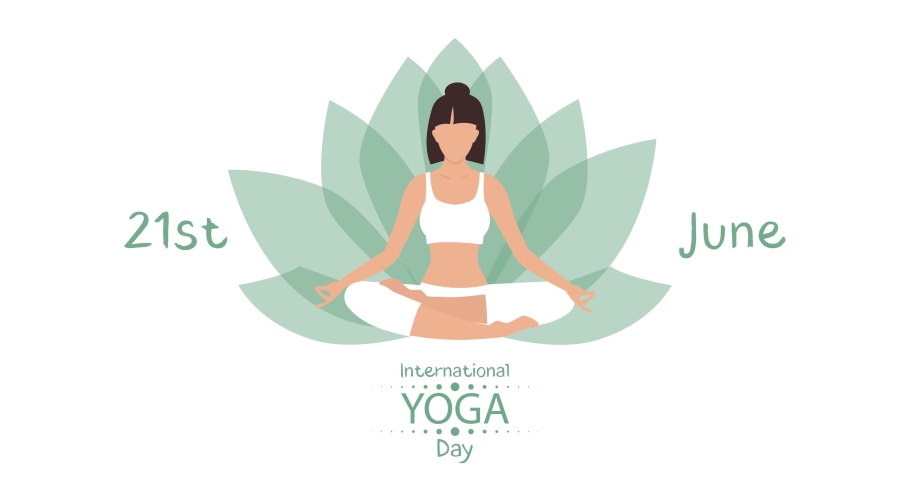 Young woman sit cross-legged in meditation practice feels inner harmony and balance. No stress concept, 4k, HD video, animated background. International yoga day