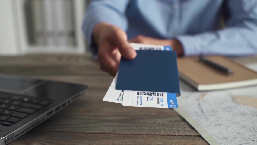 A white young woman travel agency worker issuing air tickets for travel, issuing air tickets for a vacation on a summer vacation, planning a vacation, a flight to a warm country on a pore Royalty-Free Stock Footage #1091324067