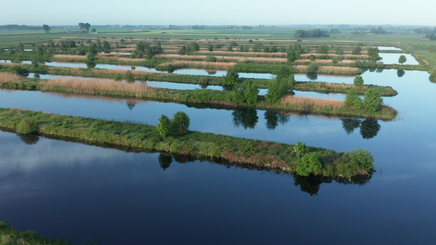 Typical Dutch Polder Landscape In Waterstaete Ossenzijl Near Weerribben-Wieden National Park, Netherlands. - Drone Flying Low