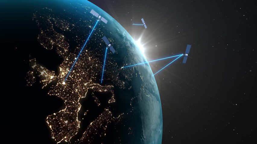 Satellite transmission animation. Global public Internet, wireless connection. GPS satellites scan and explore the earth's surface. Internet Of Things, Satellite Signals, Telecommunications