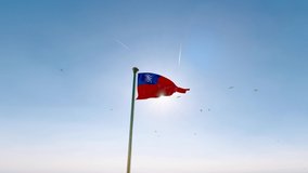 Flag of Taiwan waving in the wind, sky and sun background. Taiwan Flag Video. Realistic Animation, 4K UHD 