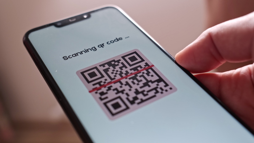 Wireless Electronic Payment Scanner with QR Code or Bar Code Mobile Technology. Modern Cashless Money Transfer Online Around the World with Success Approval. Scanning QR Code Indoor. Closeup.  Royalty-Free Stock Footage #1091334197