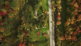 Drone flying above village road surrounded by cinematic bright vibrant colorful forest on sunny fall day. Scenic yellow, red, orange autumn leaves. Aerial top down black SUV car driving by countryside