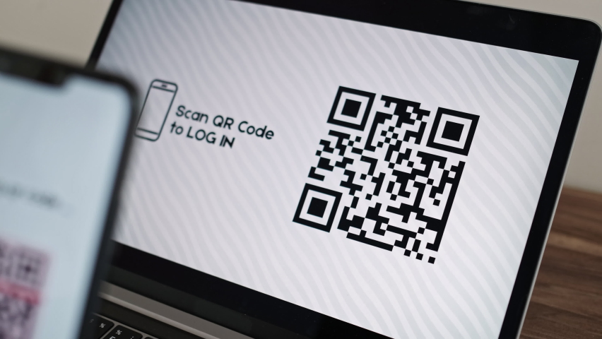 CloseUp VIew of Log In Web Page Using Smartphone with QR Code Scanning Application. Verification or Autentification with Bar Code Reader. Synchronously Successful Approval on Laptop and Mobile Phone.  | Shutterstock HD Video #1091335305