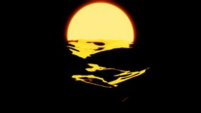 Beautiful clear big sunrise or sunset close above black wavy water surface. Design. Big yellow hot sun in the reflection of the sea over the horizon, abstract landscape.